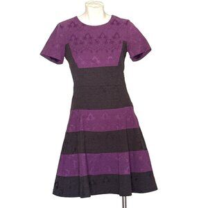 BADGLEY MISCHKA Belle 2 Purple & Black Striped Floral Lace Jacquard Dress EUC